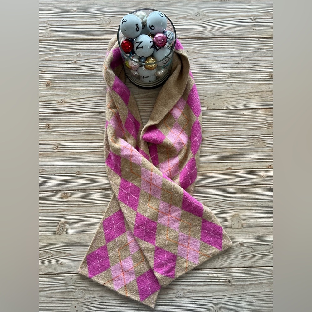 J.Crew Wool Cashmere Argyle Scarf | Tan Pink Orange 7x54 - Picture 3 of 5